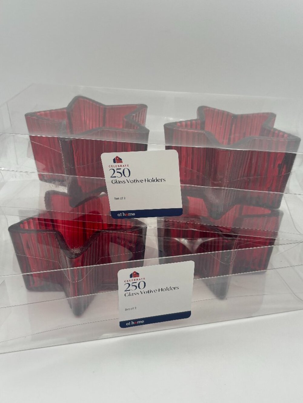 At Home 4" Red Glass Star Votive Candle Holders, Set of 2, Patriotic (x2) NEW